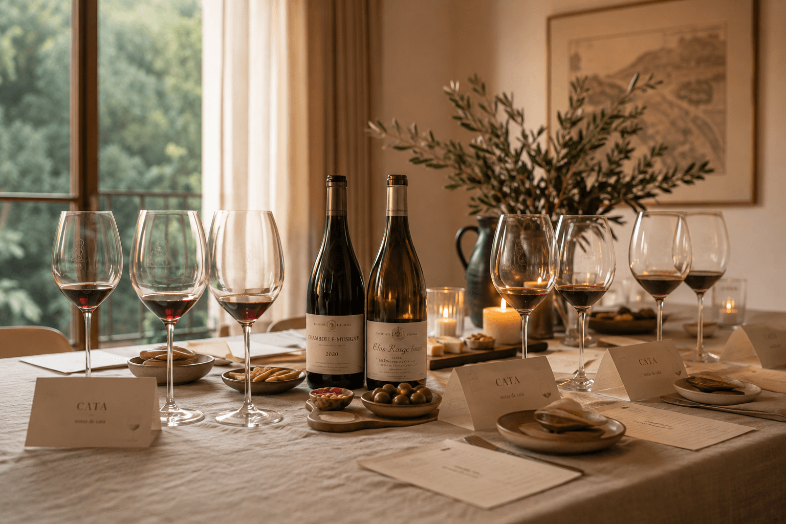 Salón preparado a domicilio con copas de vino y guía de cata para una Cata Esencial en Málaga capital