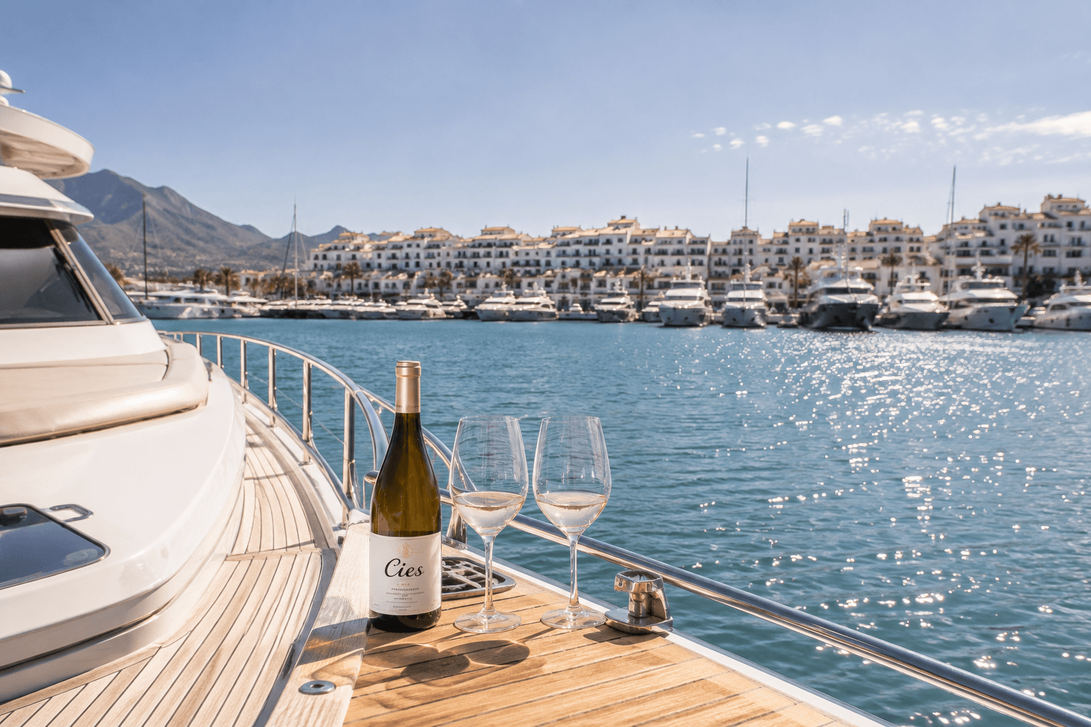 Cubierta de yate en Puerto Banús con copa de vino blanco y mar Mediterráneo al fondo